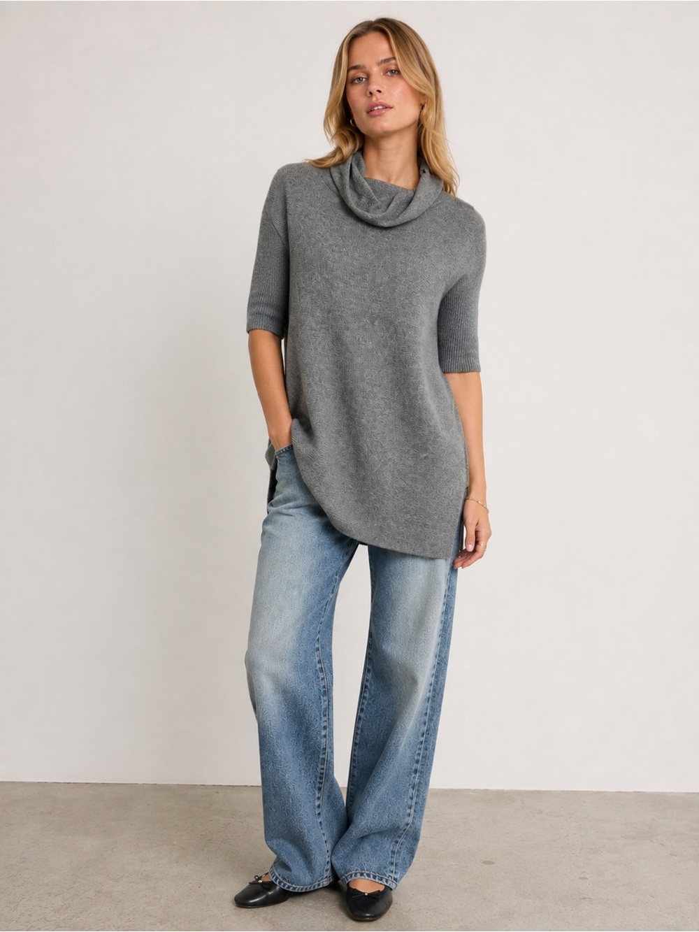 Eileen Fisher Organic Cotton Cozy Grey Cowl Neck Half Sleeve Sweater Comfy